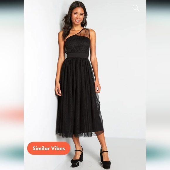 NWT $168 Modcloth Night Long One-Shoulder Dotted Tulle Dress In Black Size S - Picture 2 of 11